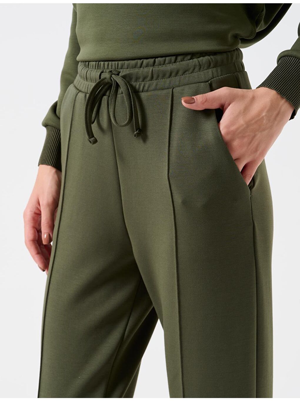 Haki Yüksek Bel Beli Bağlamalı Ribanalı Jogger Pantolon-2