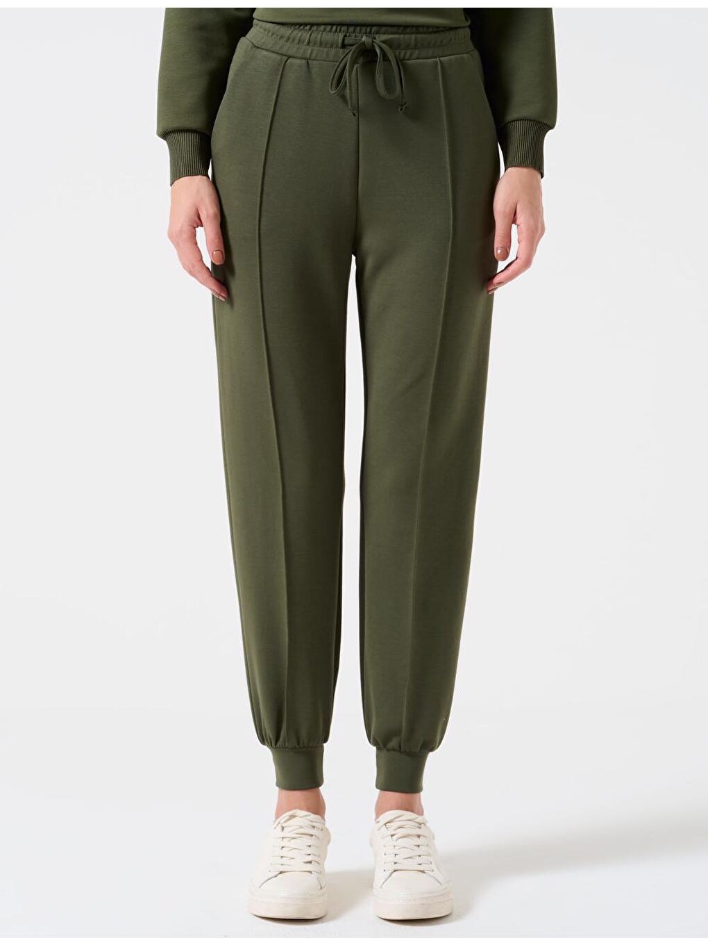 Haki Yüksek Bel Beli Bağlamalı Ribanalı Jogger Pantolon-3