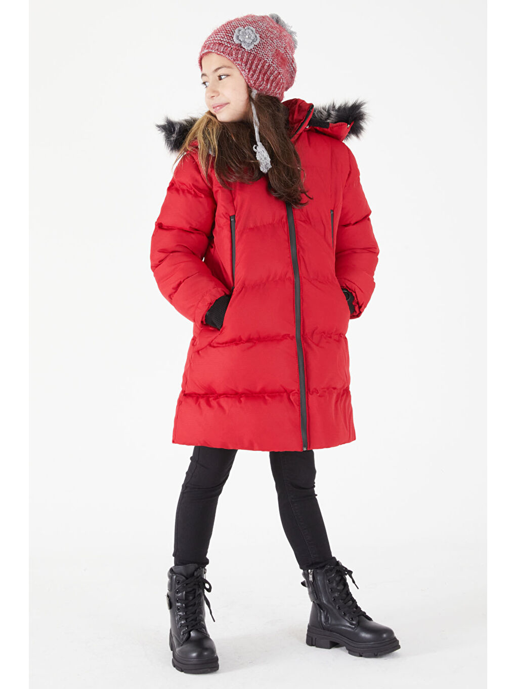 Kız Çocuk Şişme Mont Kürklü Kırmızı 15587-1