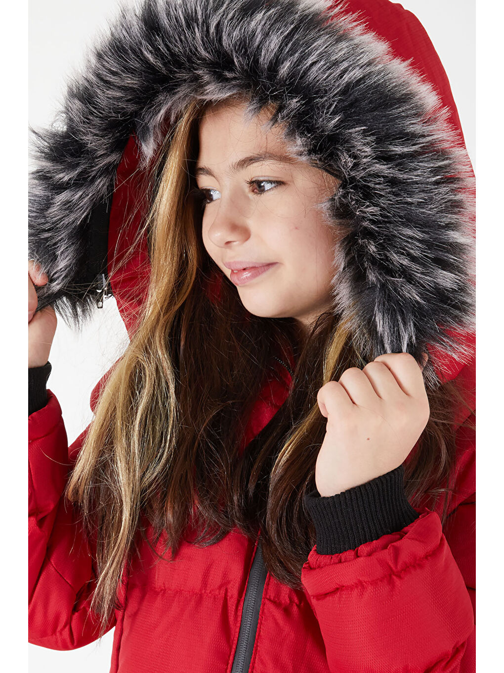 Kız Çocuk Şişme Mont Kürklü Kırmızı 15587-3