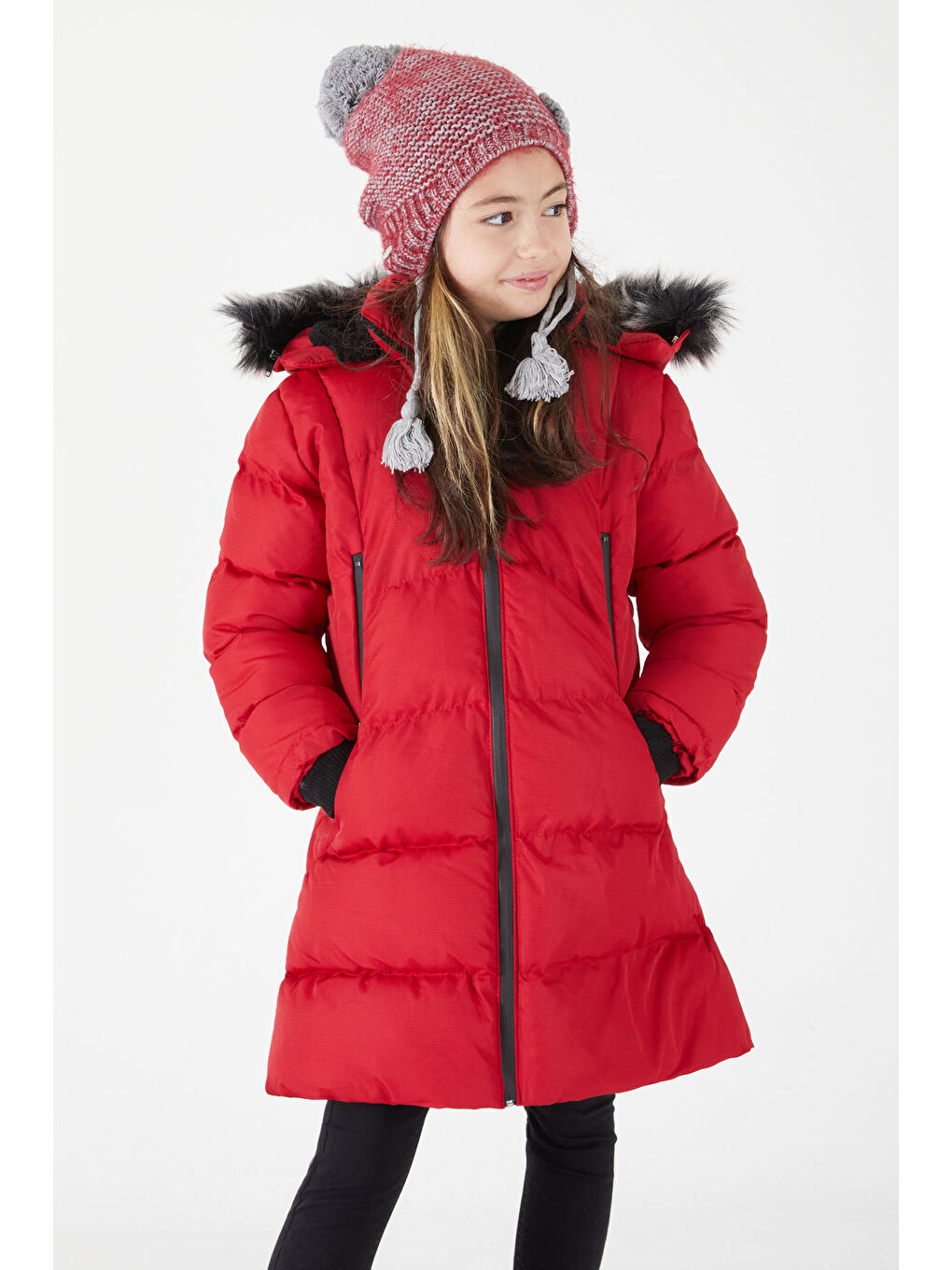 Kız Çocuk Şişme Mont Kürklü Kırmızı 15587-4