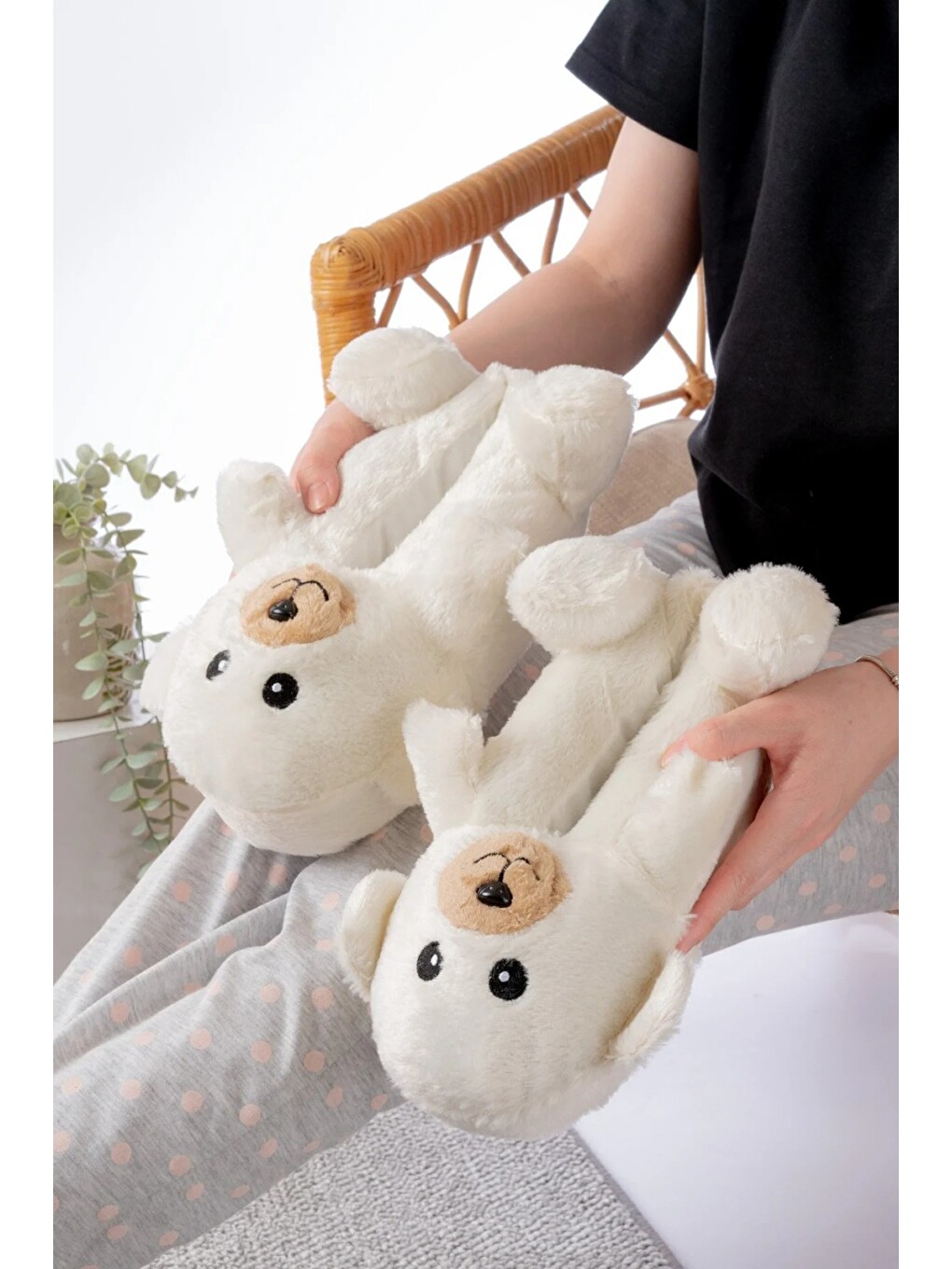 Ekru Ayıcık Figürlü Pelüş Panduf Ev Pandufu Unisex-3