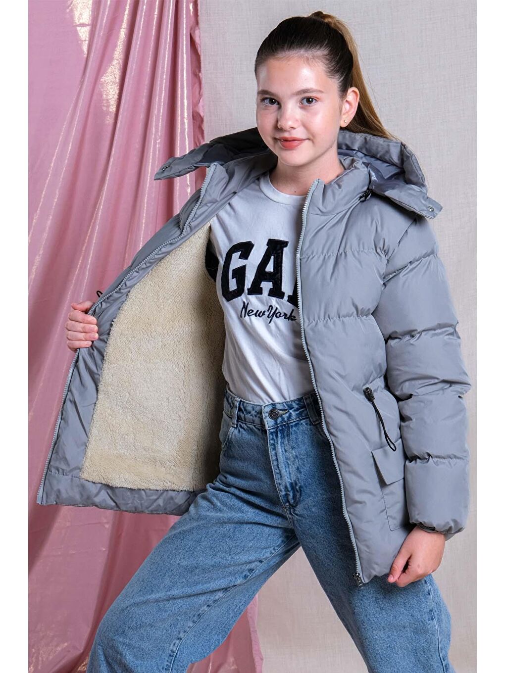 Gri Kız Çocuk Yumuşak İçi Kürklü Kalın Kaban Mont KM.0023-Y-1