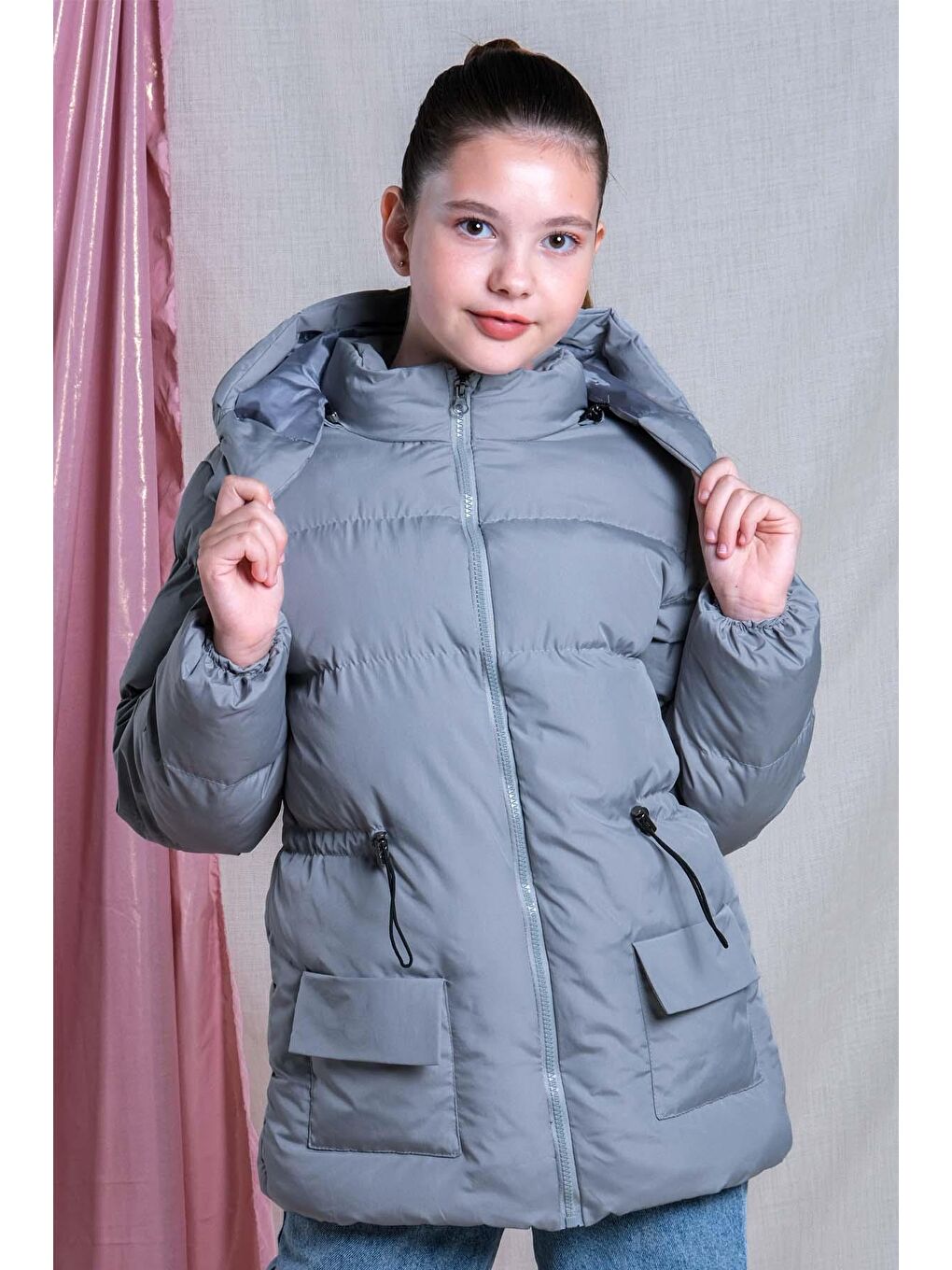 Gri Kız Çocuk Yumuşak İçi Kürklü Kalın Kaban Mont KM.0023-Y-2