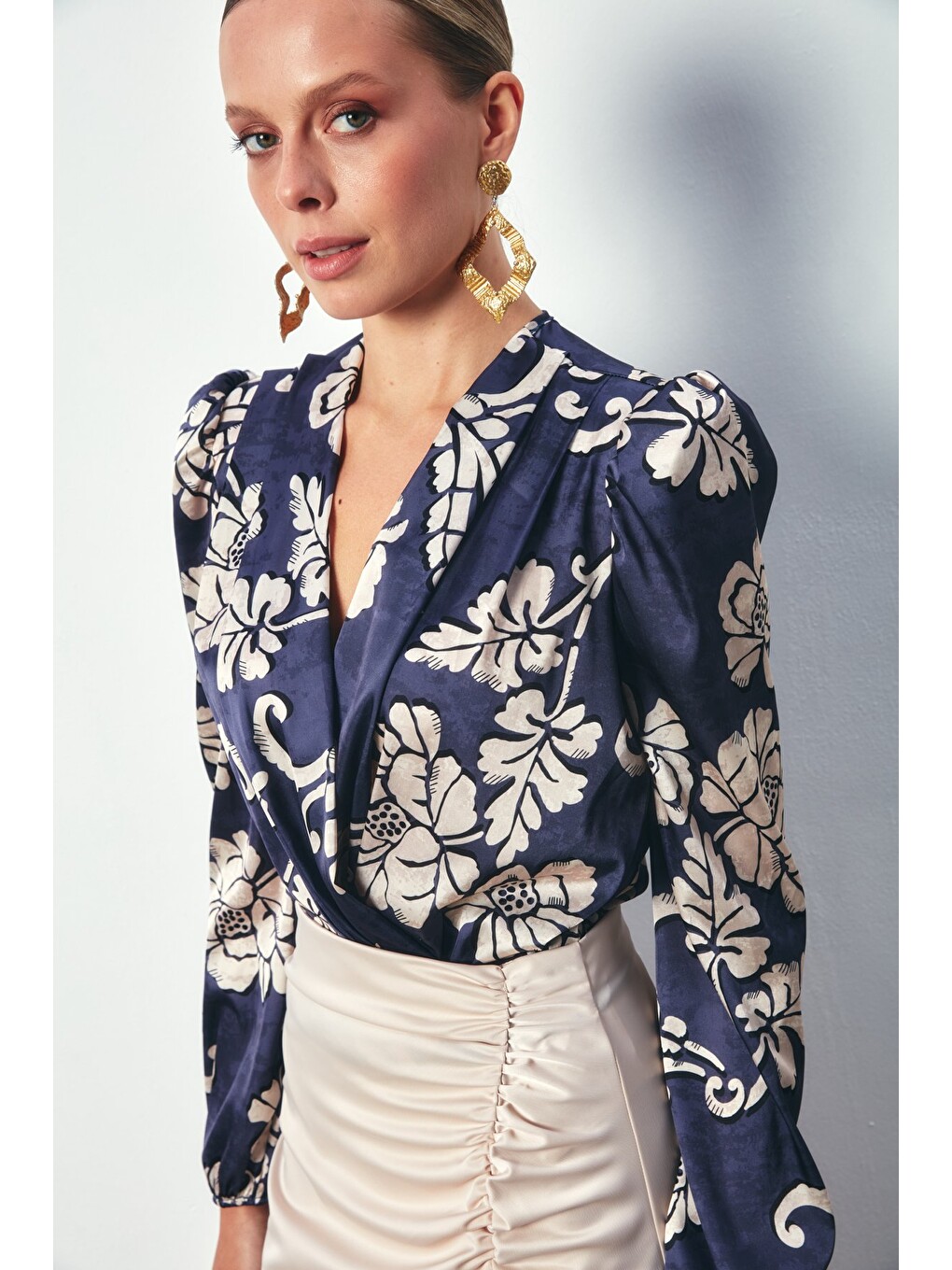 Desenli Bodysuit Bluz - Lacivert-3