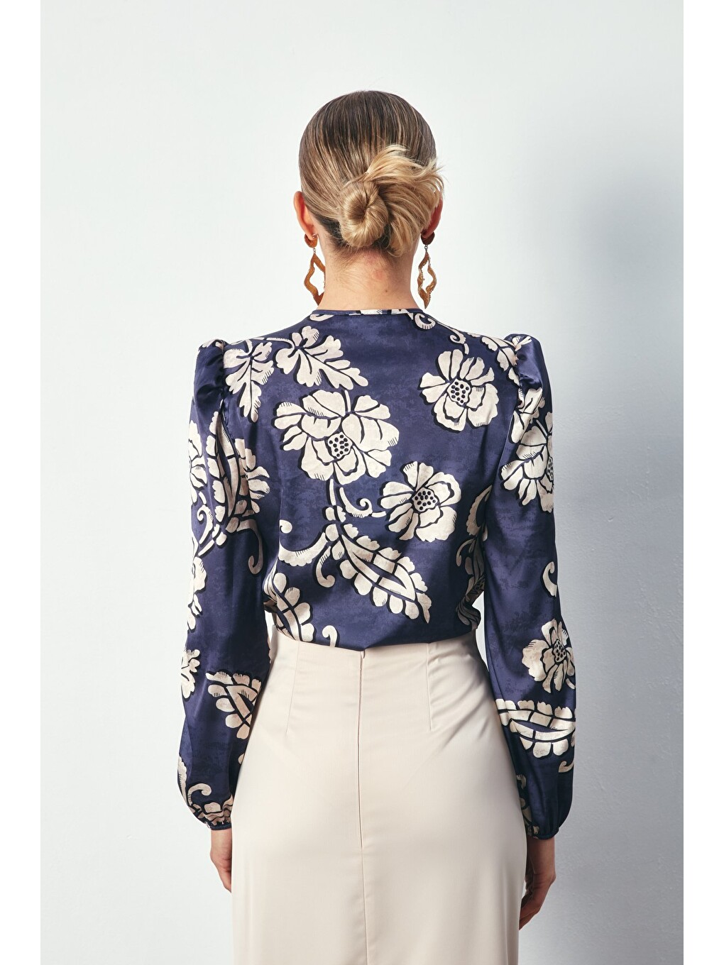 Desenli Bodysuit Bluz - Lacivert-5