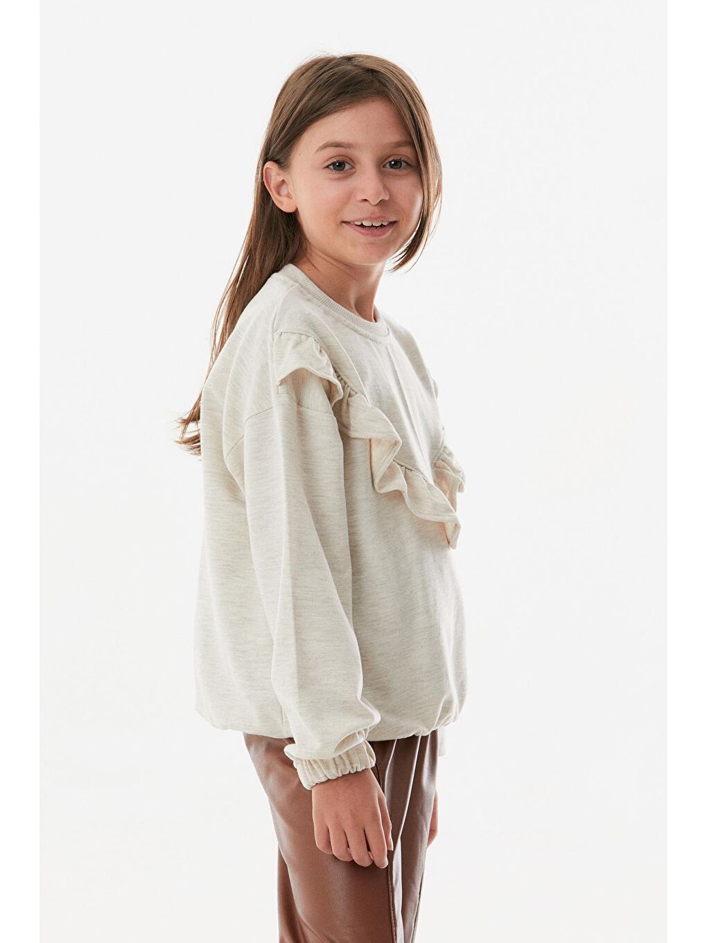 Bej Suni Deri Fırfırlı Kız Çocuk Takım-1