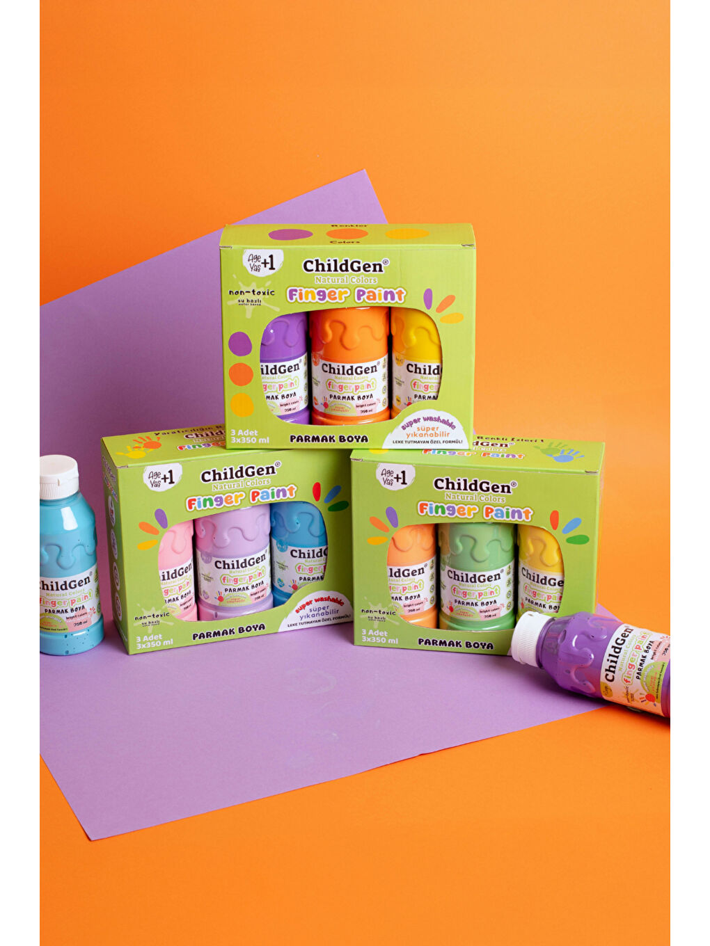 Süper Yıkanabilir 3'lü Parmak Boya Pastel Set (3x350ml) (Turuncu-Sarı-Yeşil)-2