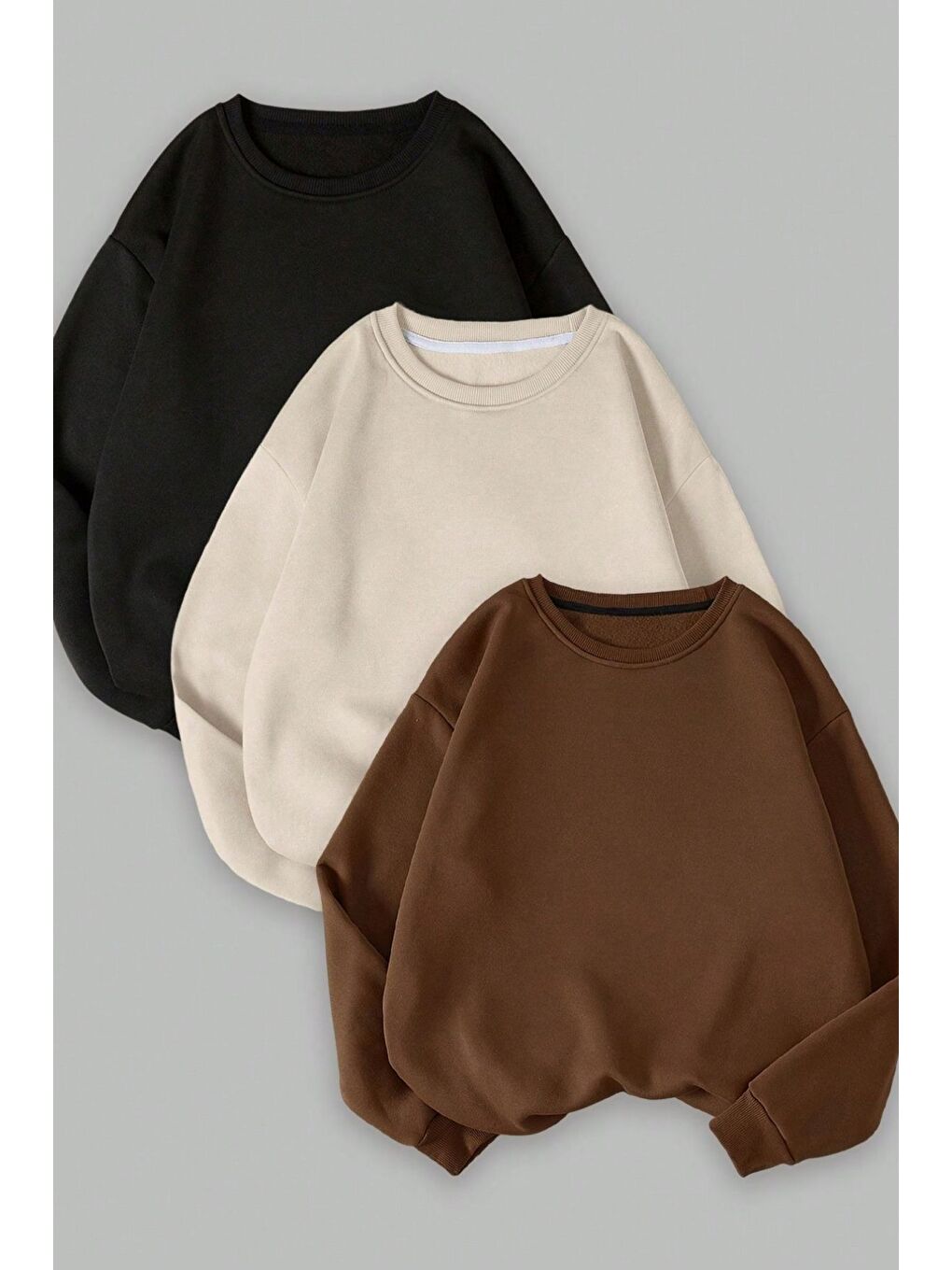 Karışık Kadın Siyah Bej Kahverengi Düz Bisiklet Yaka 3lü Sweatshirt Set