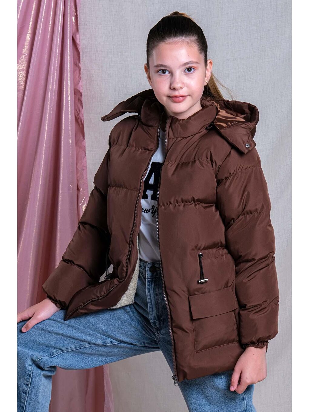 Kahverengi Kız Çocuk Yumuşak İçi Kürklü Kalın Kaban Mont KM.0023-Y-1