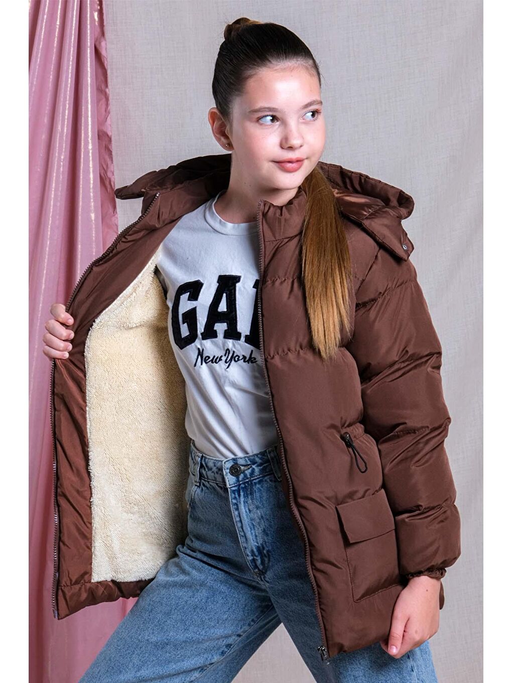 Kahverengi Kız Çocuk Yumuşak İçi Kürklü Kalın Kaban Mont KM.0023-Y-2