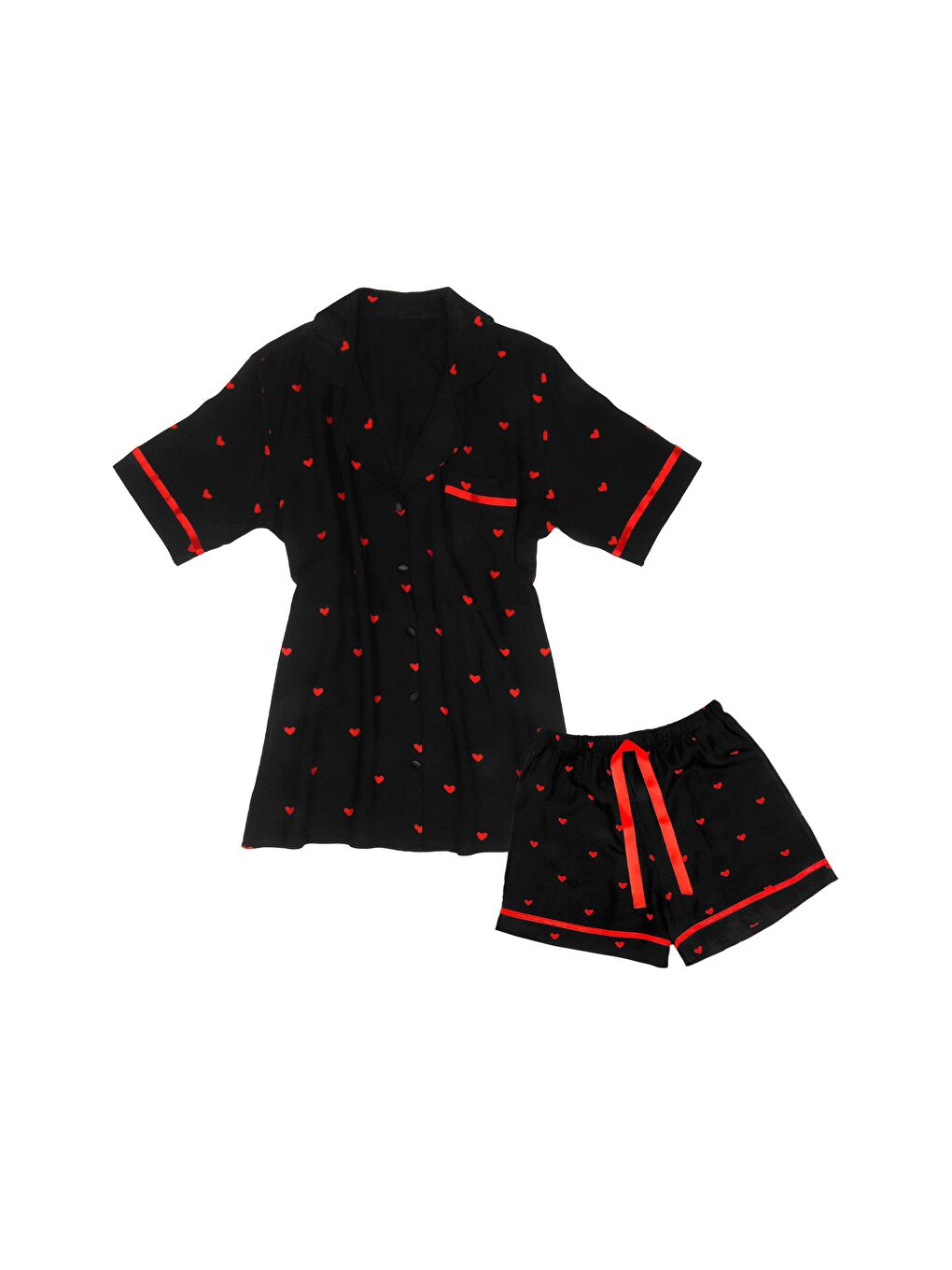 Siyah %100 Dokuma Viskon Kısakol Düğmeli Şort Takım