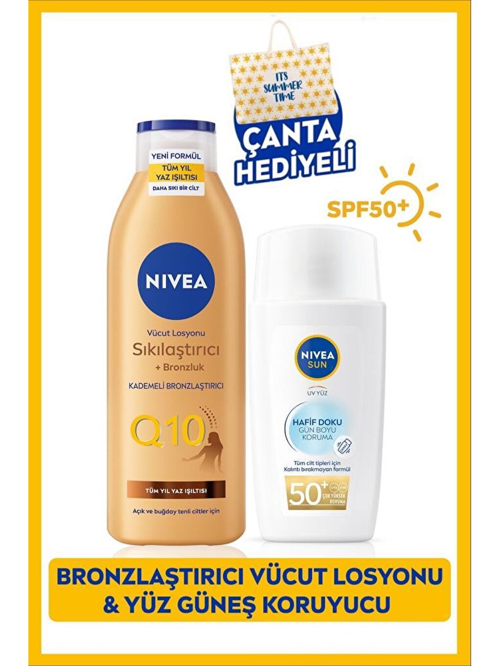 SUN Hafif Dokulu Yüz Kremi 40ml SPF50 ve Q10 Sıkılaştırıcı Bronzluk Vücut Losyonu 200ml,Çanta Hediye