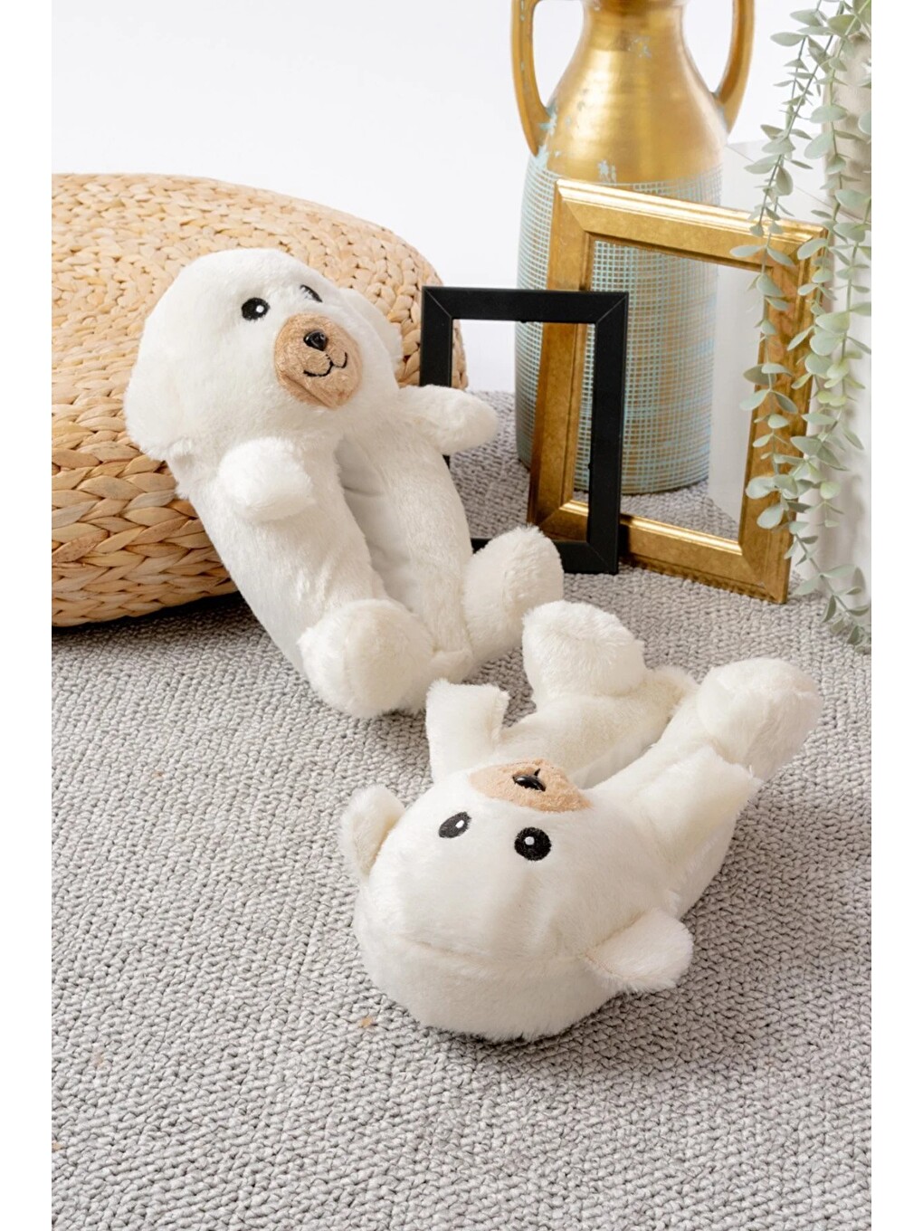 Ekru Ayıcık Figürlü Pelüş Panduf Ev Pandufu Unisex-4