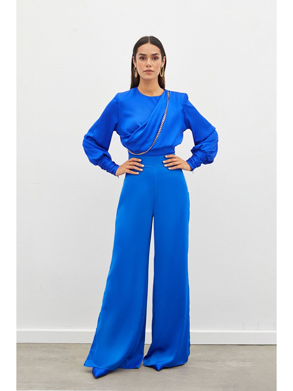 Ön Zincirli Saten Bluz - Sax Mavi-1