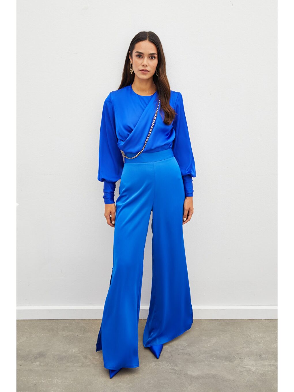 Ön Zincirli Saten Bluz - Sax Mavi-2