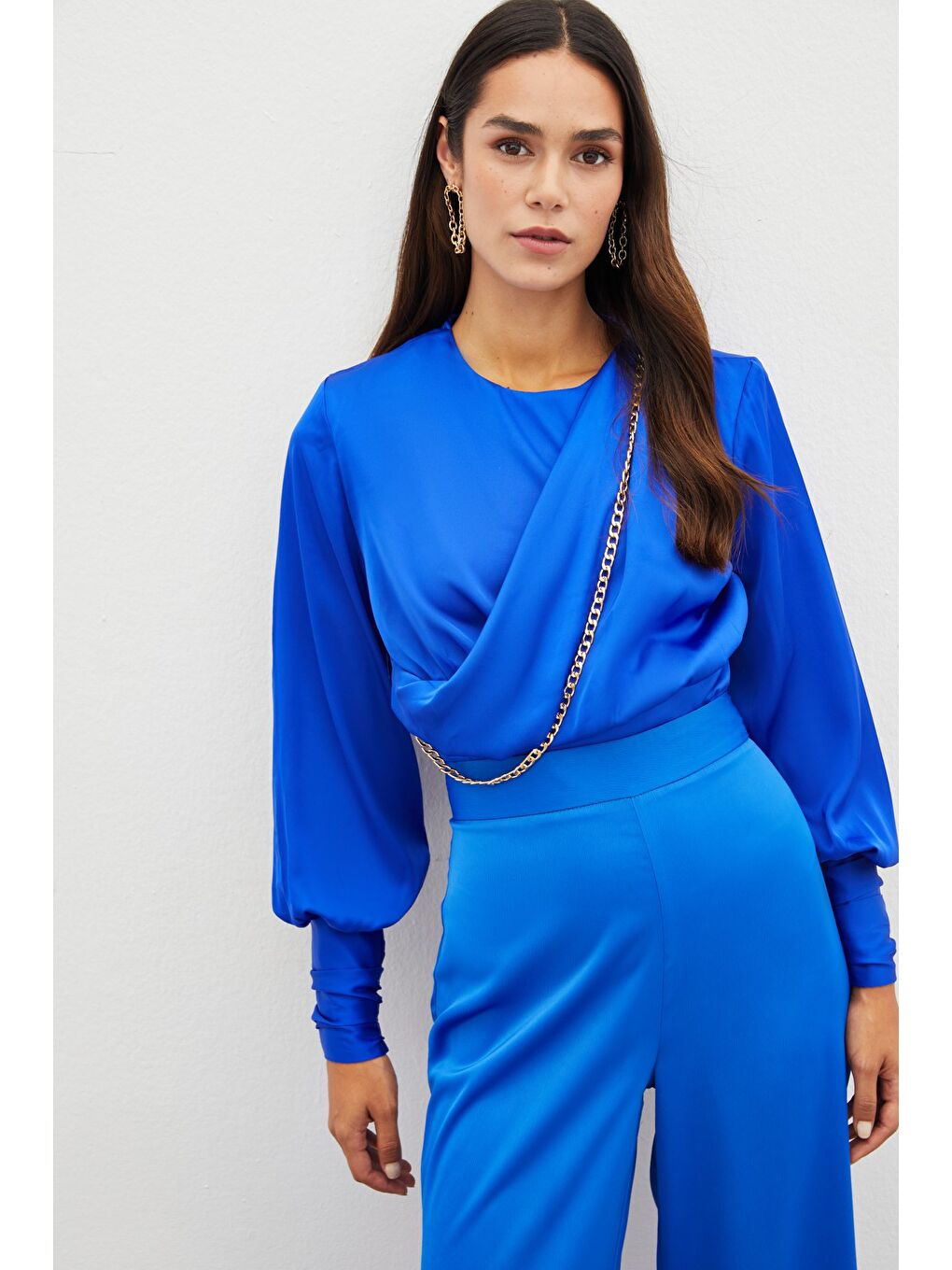 Ön Zincirli Saten Bluz - Sax Mavi-3