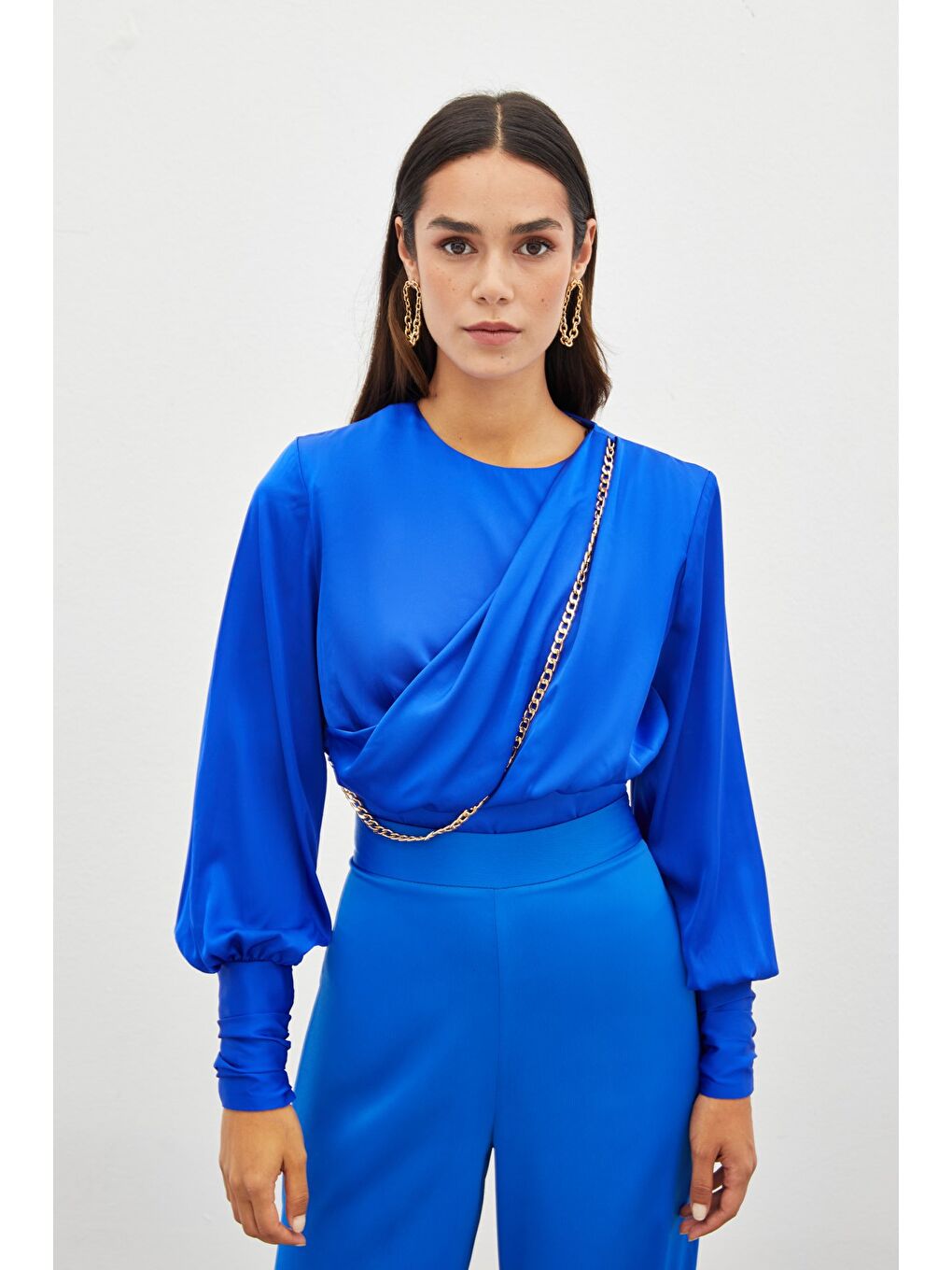 Ön Zincirli Saten Bluz - Sax Mavi-4