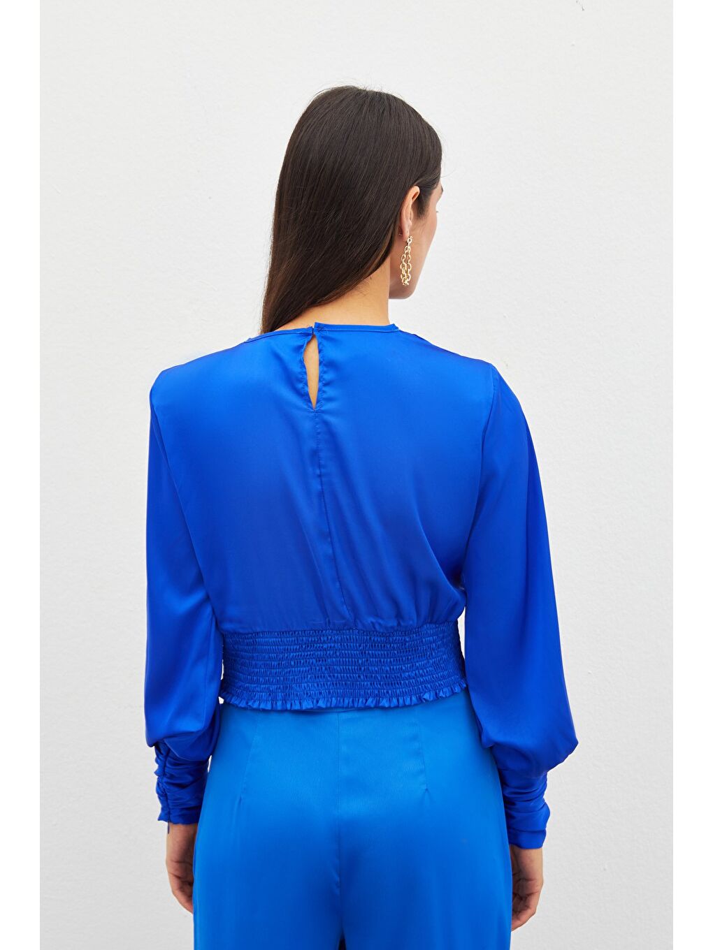 Ön Zincirli Saten Bluz - Sax Mavi-6
