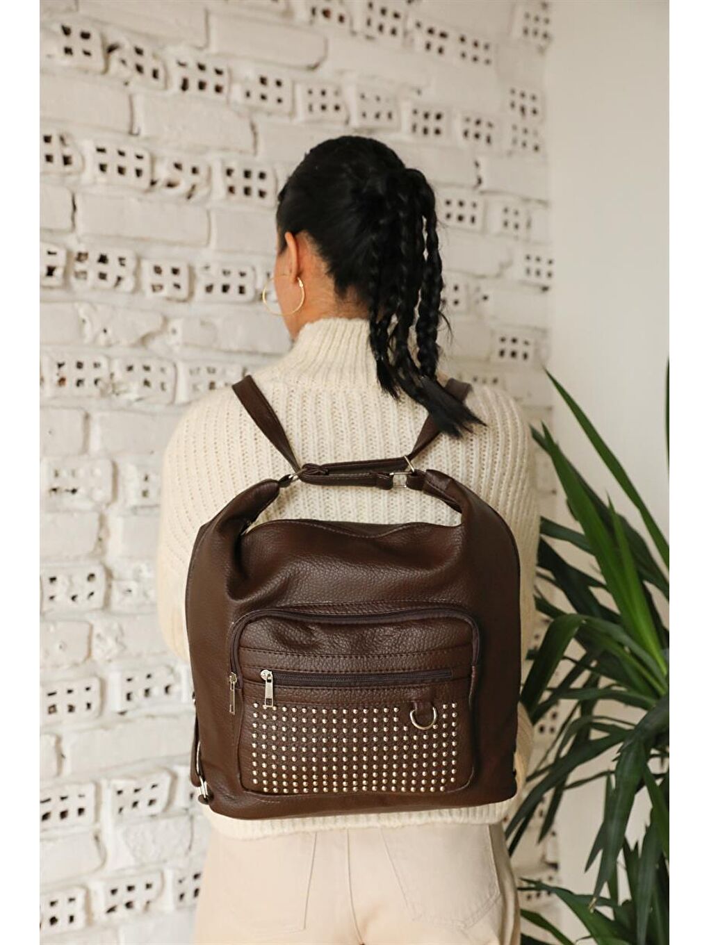 Zımbalı Çok Bölmeli Omuz Ve Sırt Çantası Kahverengi-1