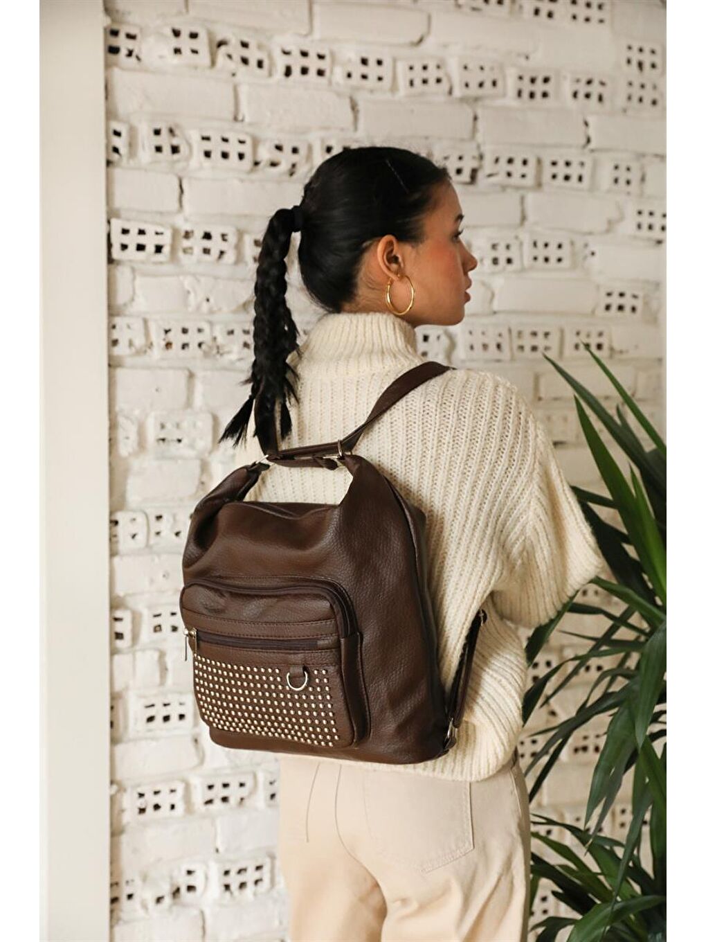 Zımbalı Çok Bölmeli Omuz Ve Sırt Çantası Kahverengi-2