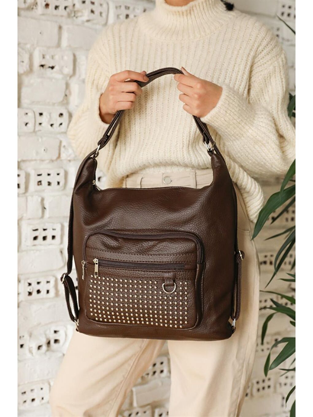 Zımbalı Çok Bölmeli Omuz Ve Sırt Çantası Kahverengi-3