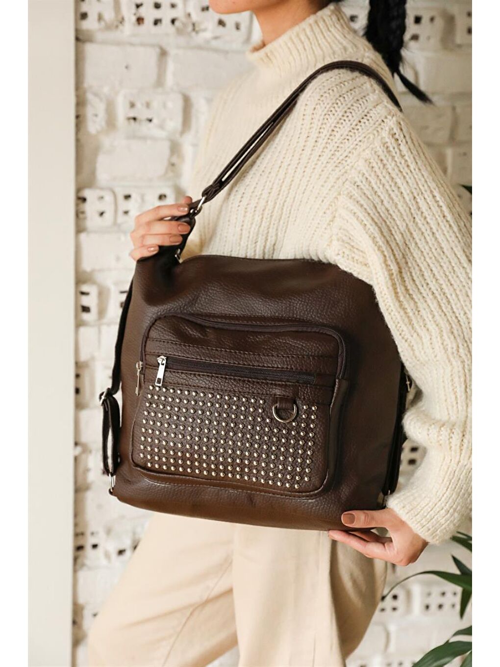 Zımbalı Çok Bölmeli Omuz Ve Sırt Çantası Kahverengi-4