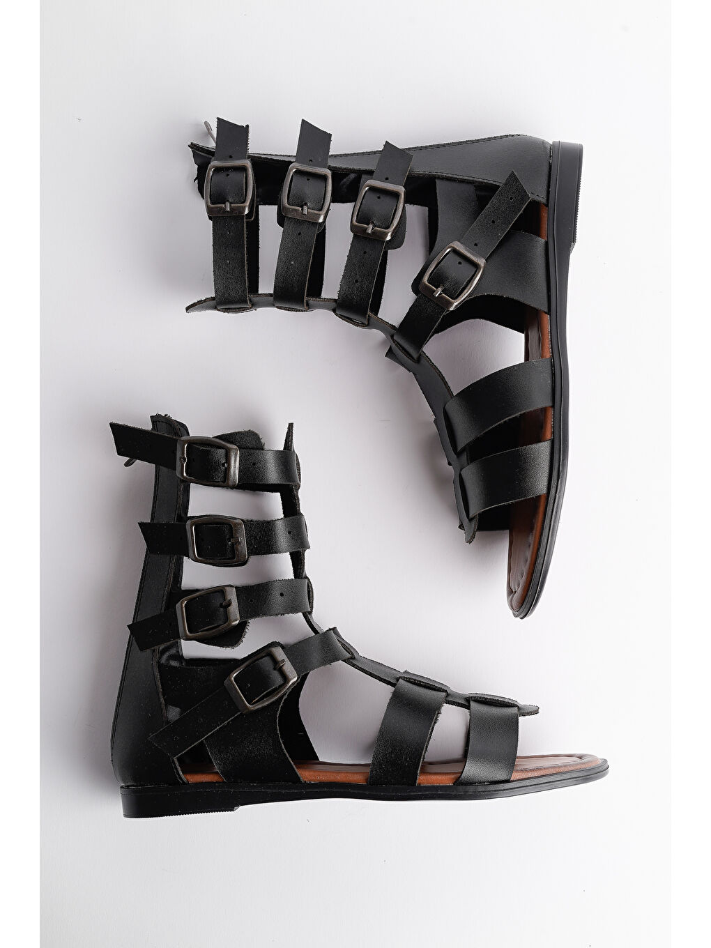Siyah GLADYATÖR Rahat Kalıp Arkadan Fermuarlı Kemer Detaylı Kadın Sandalet-1