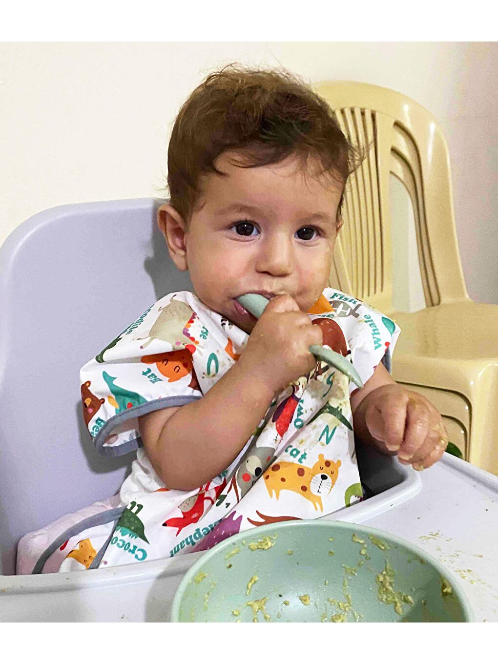 1-3yaş, Zoo, Sıvı Geçirmez, Makinede Yıkanabilir, Cırtlı, Cepli, Kısa Kollu Bebek Mama Önlüğü-1