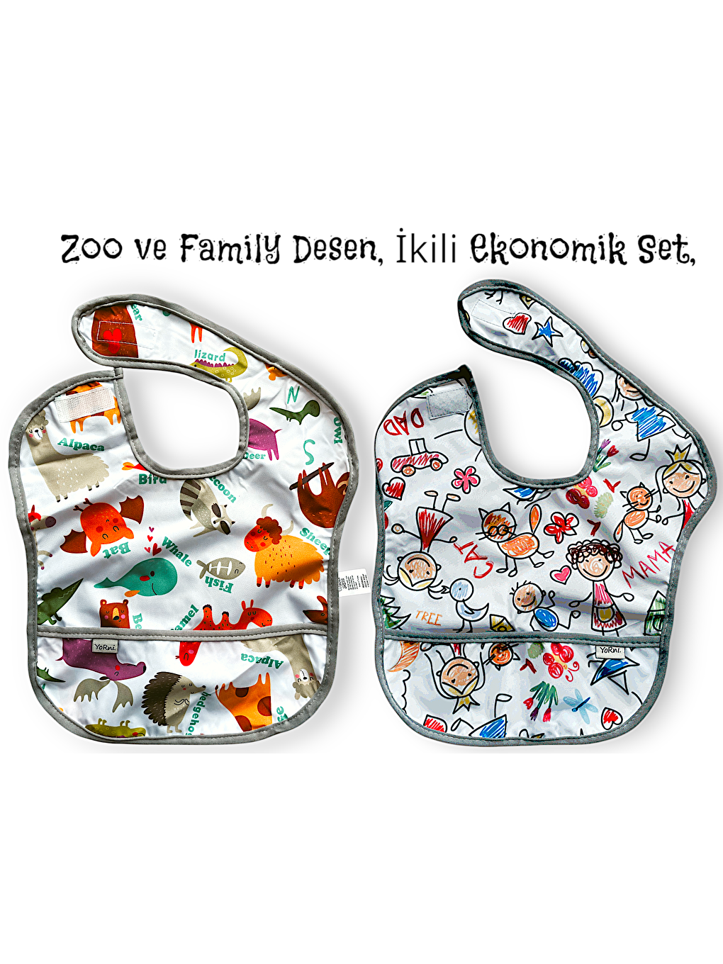 2 ADET, Ekonomik SET, 6-24ay, Zoo ve Family Desen, Sıvı Geçirmeyen, Cepli, Cırtlı Mama Önlüğü, Önlük-3