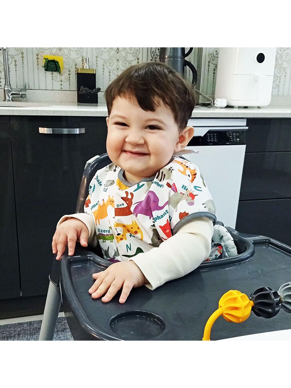 1-3yaş, Zoo, Sıvı Geçirmez, Makinede Yıkanabilir, Cırtlı, Cepli, Kısa Kollu Bebek Mama Önlüğü-5