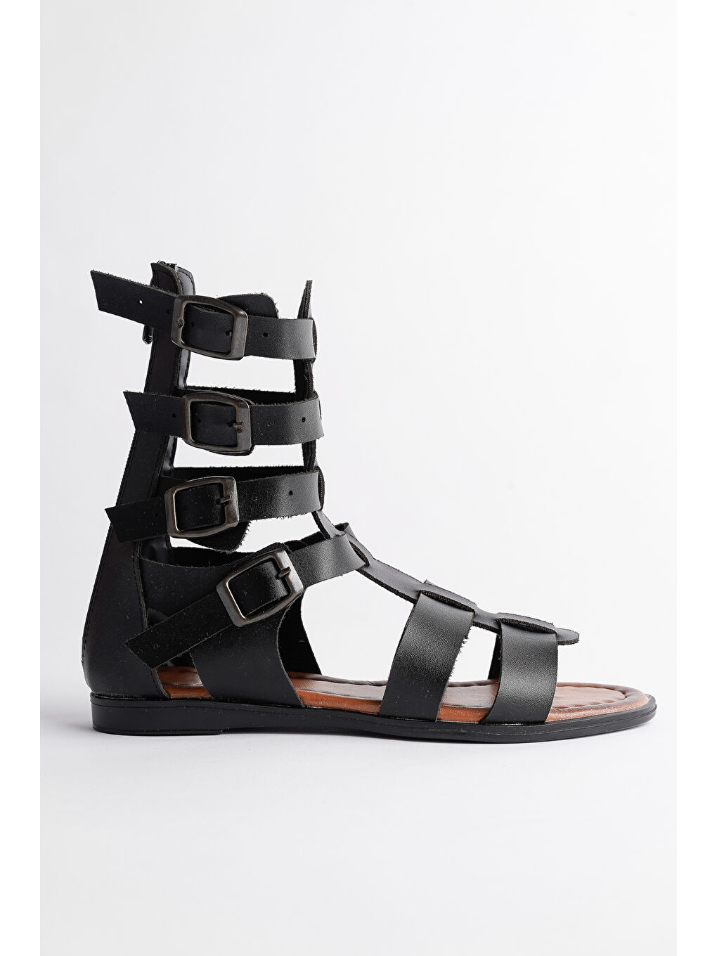 Siyah GLADYATÖR Rahat Kalıp Arkadan Fermuarlı Kemer Detaylı Kadın Sandalet-4