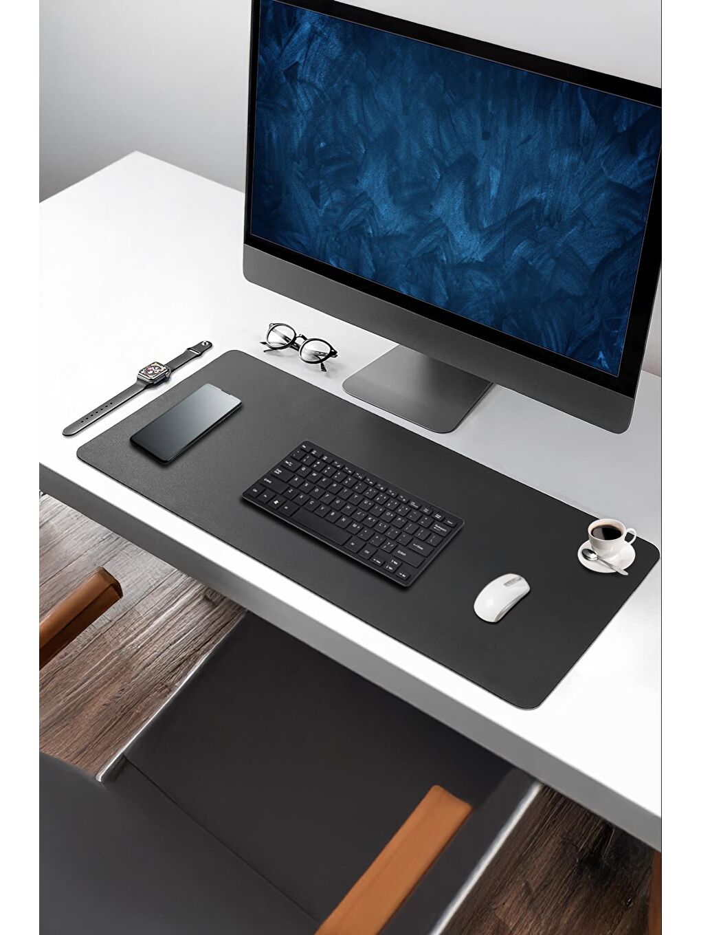 Siyah Deri 90x40 XL Mouse Pad Dikişli Kenar Çift Yönlü Kullanım Masa Matı Sümen-1