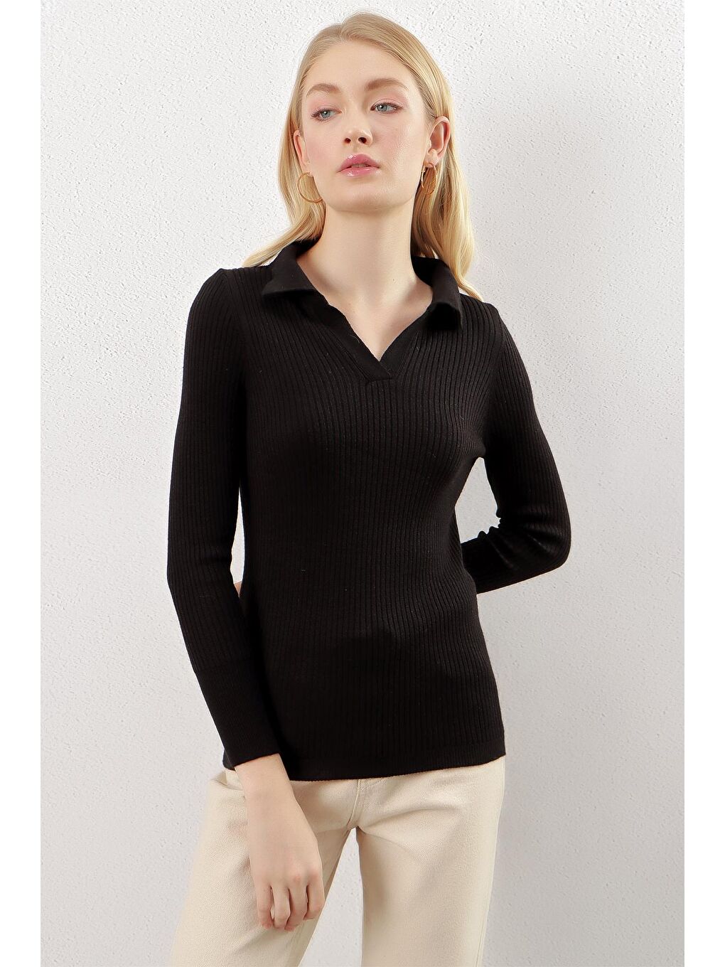 Kadın Siyah Polo Yaka Fitilli Basic Body Triko Kazak