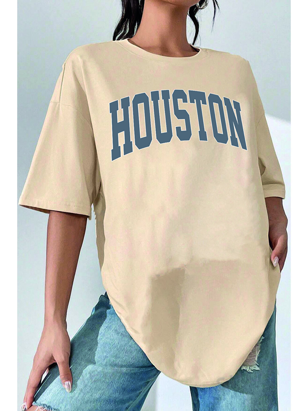 uyguntarz Bej Unisex Houston Baskılı Tasarım Tshirt