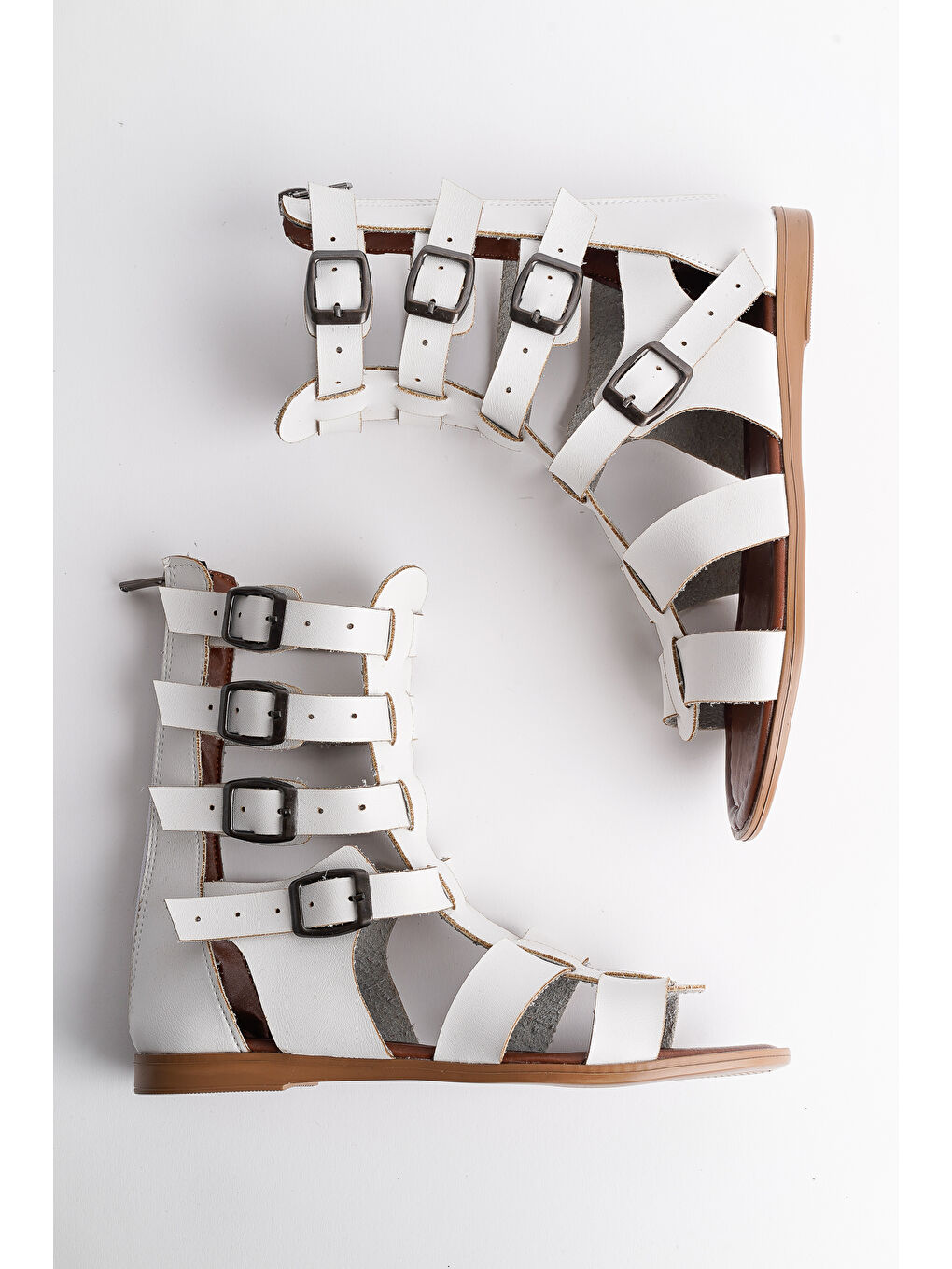 Beyaz GLADYATÖR Rahat Kalıp Arkadan Fermuarlı Kemer Detaylı Kadın Sandalet-1