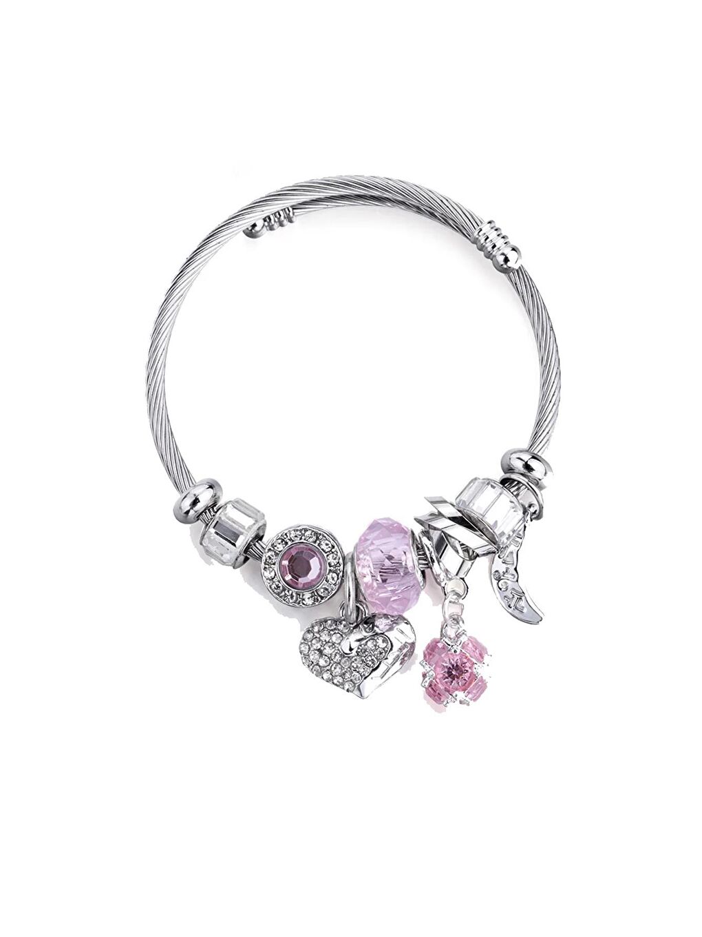 Pembe Kalp, Ay Kristaller ve Murano Dizili Çelik Charm Uçlu Bileklik