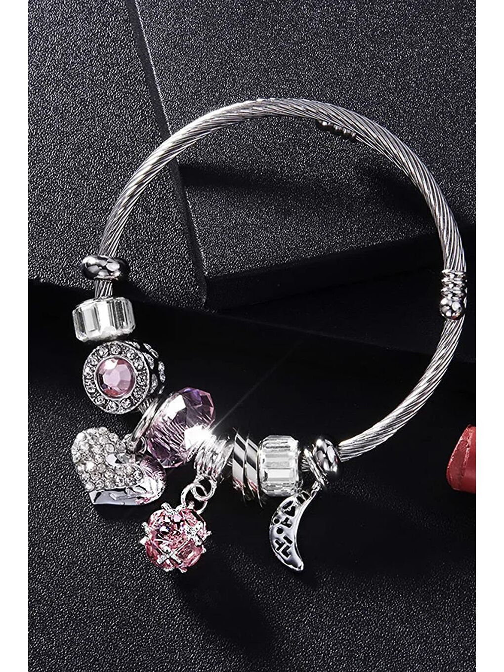 Pembe Kalp, Ay Kristaller ve Murano Dizili Çelik Charm Uçlu Bileklik-1