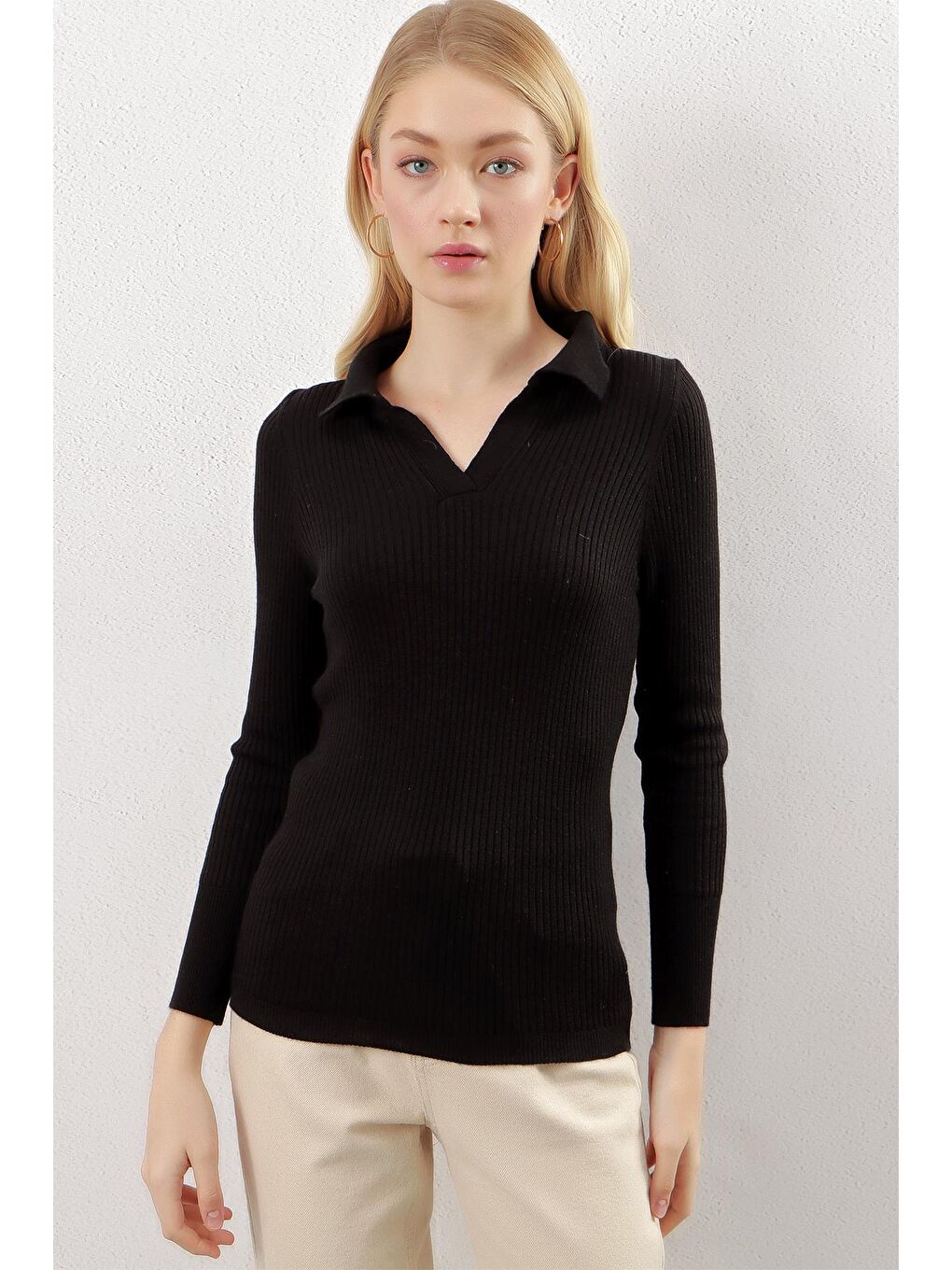 Kadın Siyah Polo Yaka Fitilli Basic Body Triko Kazak-2