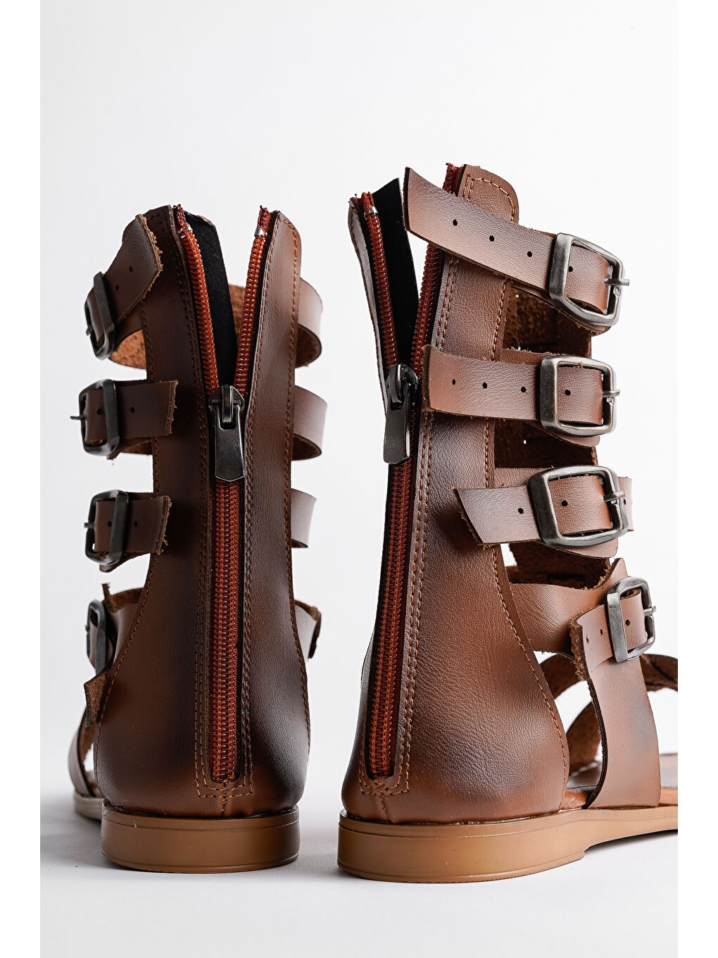 Kahverengi GLADYATÖR Rahat Kalıp Arkadan Fermuarlı Kemer Detaylı Kadın Sandalet-3