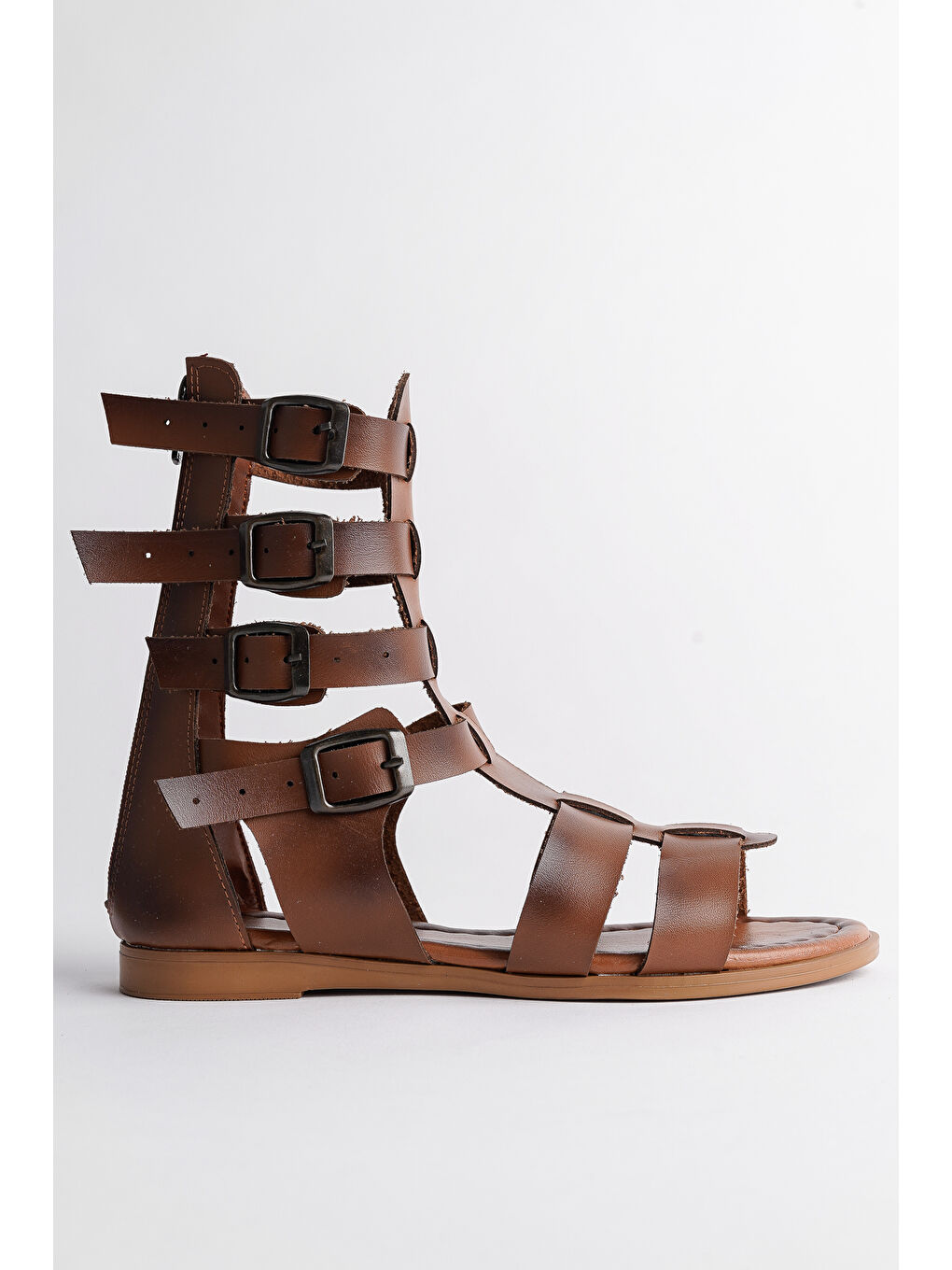 Kahverengi GLADYATÖR Rahat Kalıp Arkadan Fermuarlı Kemer Detaylı Kadın Sandalet-4