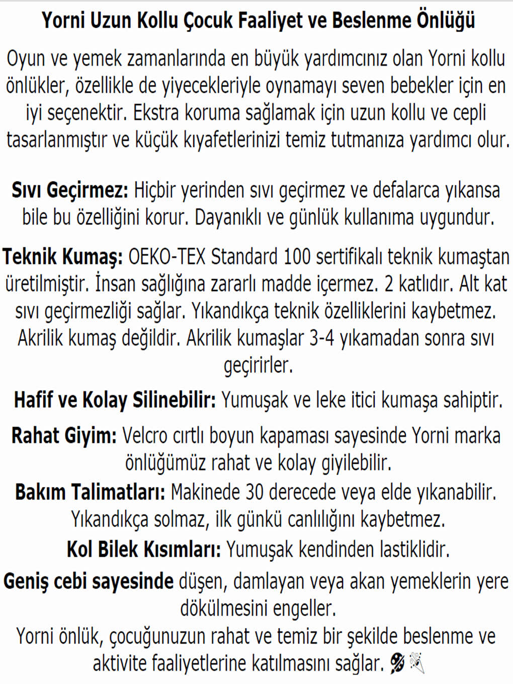 Yorni 6-24ay, Zoo, Sıvı Geçirmez, Makinede Yıkanabilir, Cepli, Oeko-tex 100, Uzun Kollu Bebek Mama Önlüğü - 7