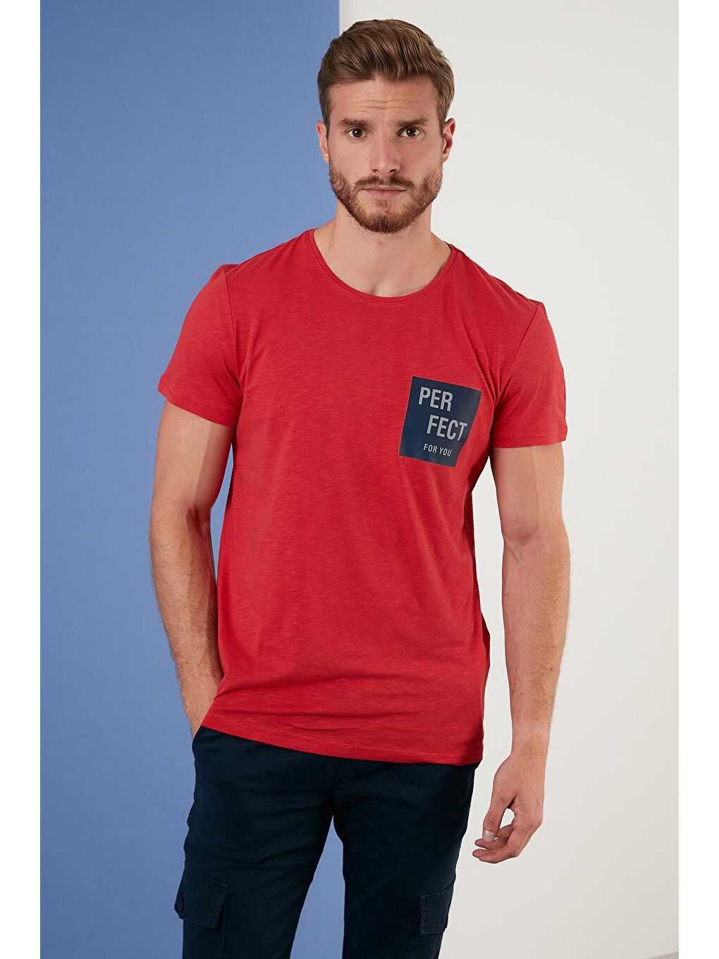 Kırmızı Baskılı Bisiklet Yaka %100 Pamuk Tişört 5902349