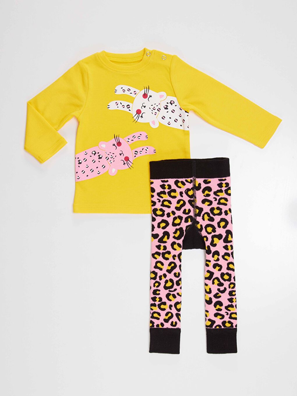 Denokids Karışık Leopar Kız Bebek T-shirt Tayt-Pantolon Takım - 3