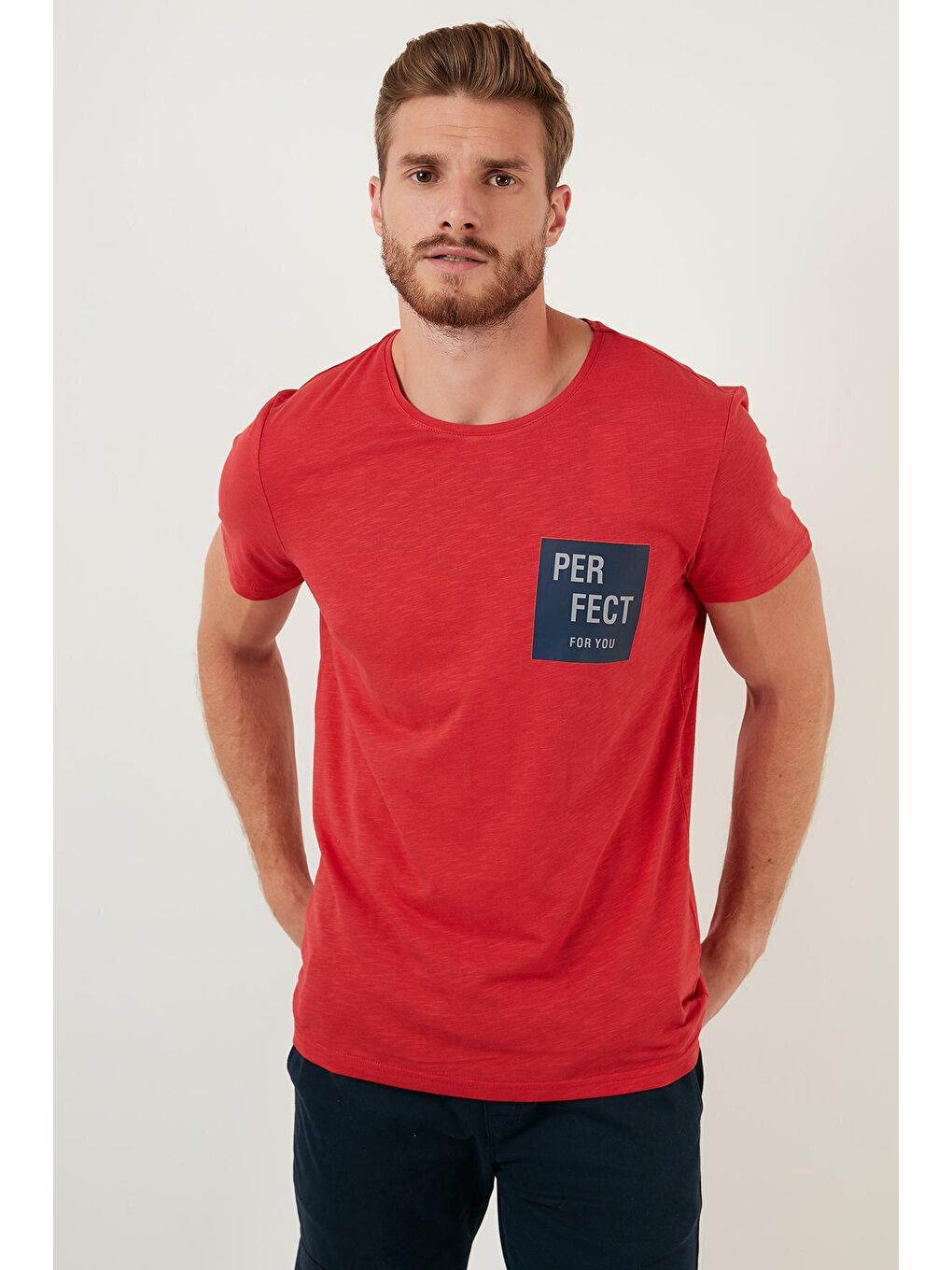 Kırmızı Baskılı Bisiklet Yaka %100 Pamuk Tişört 5902349-3