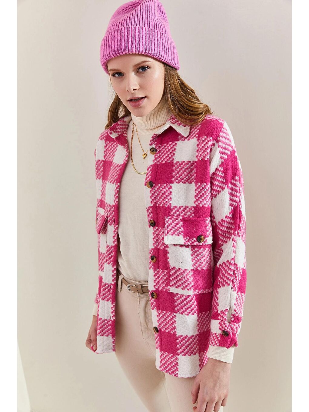 Fuşya Kadın Ekose Desenli Çift Cepli Oduncu Gömlek