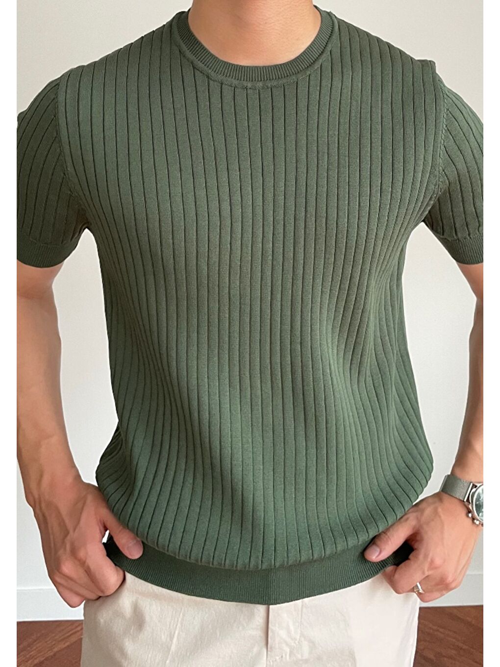 Haki Erkek Fitilli Slim Fit Bisiklet Yaka Triko Tişört