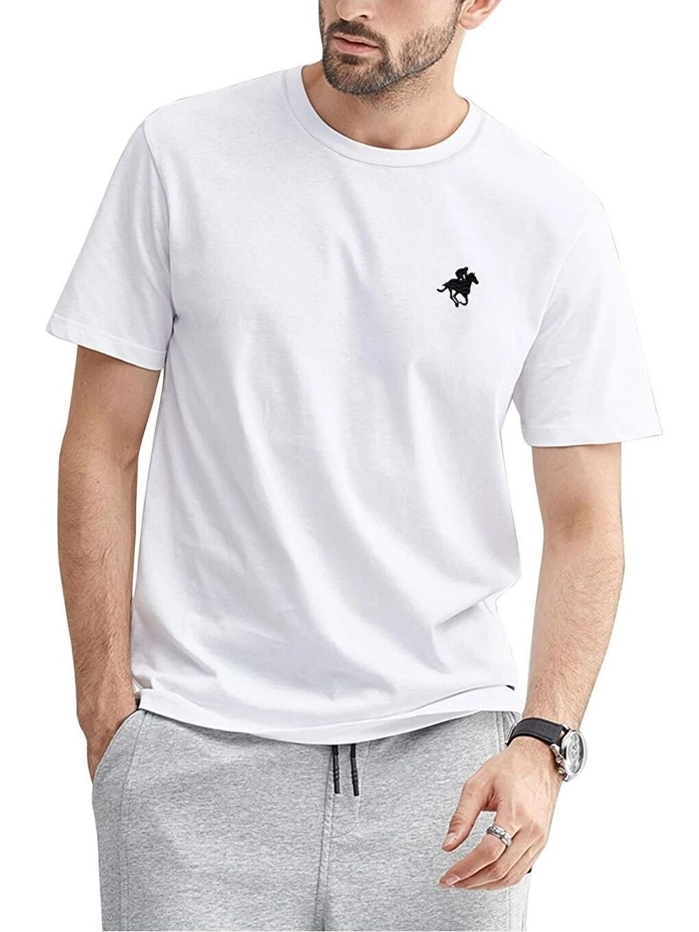 Beyaz Running Horse Baskılı Oversize Erkek Kısa Kollu Tişört