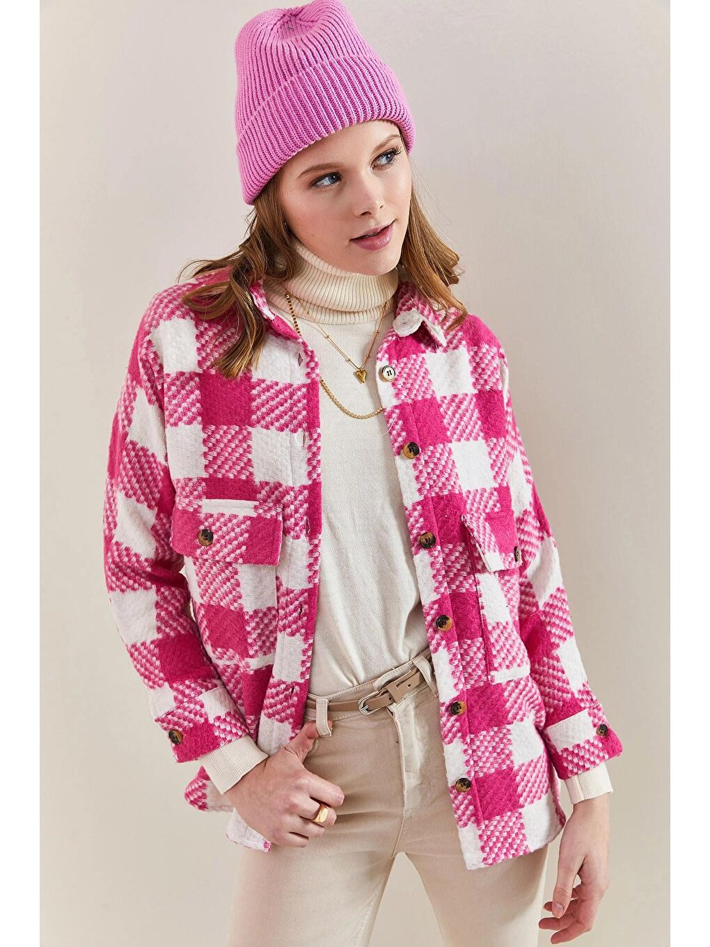 Fuşya Kadın Ekose Desenli Çift Cepli Oduncu Gömlek-1
