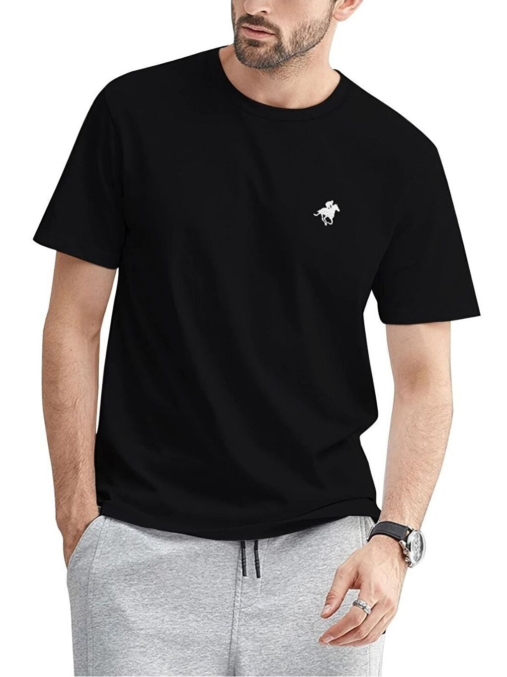 Siyah Running Horse Baskılı Oversize Erkek Kısa Kollu Tişört